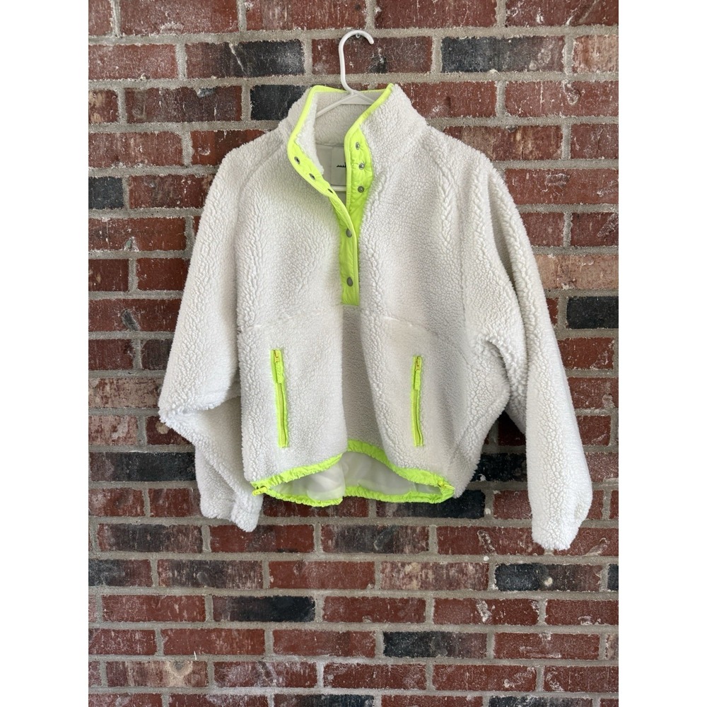 American Eagle Fleece Sherpa Jacket Snap Pullover Plush White Neon Green Small
